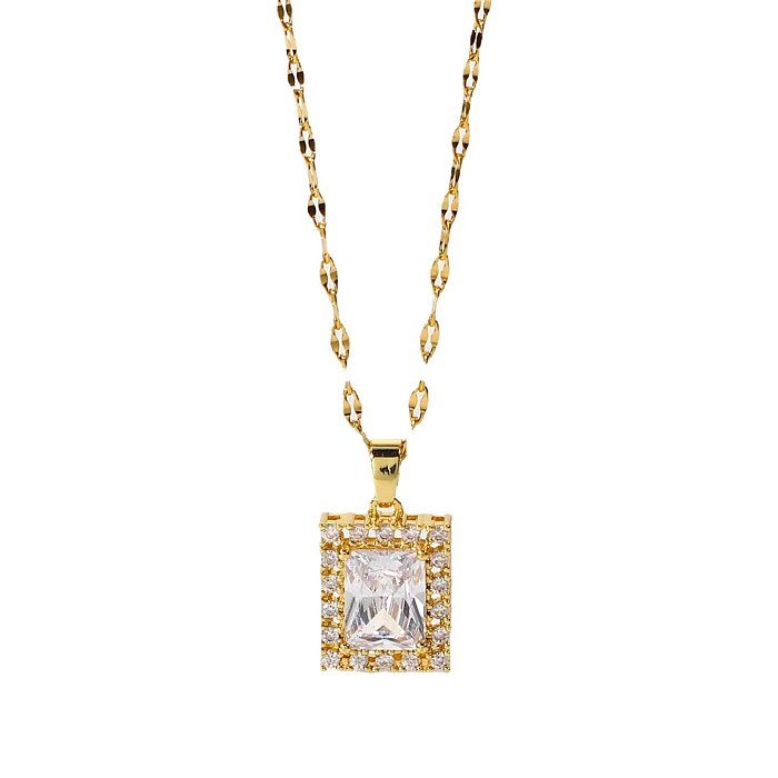 Streetwear Square Stainless Steel Plating Inlay Zircon 18K Gold Plated Pendant Necklace