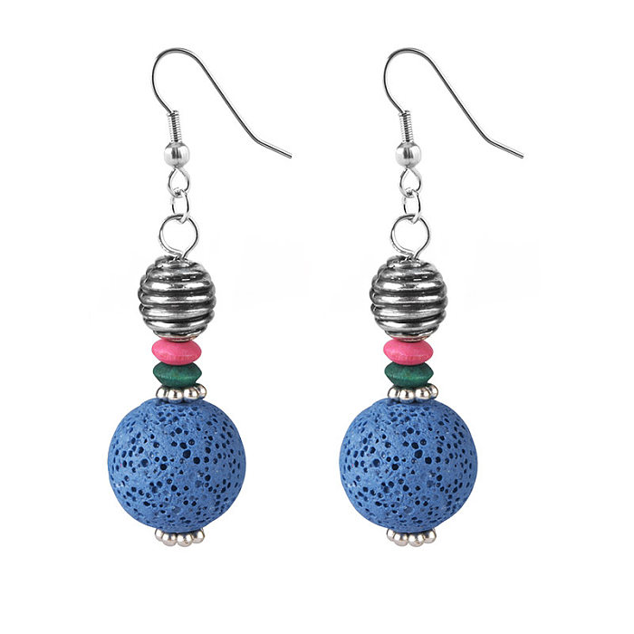 1 Paar Ethno-Stil einfarbige Perlen-Edelstahl-Holzperlen-Vulkangestein-Tropfenohrringe
