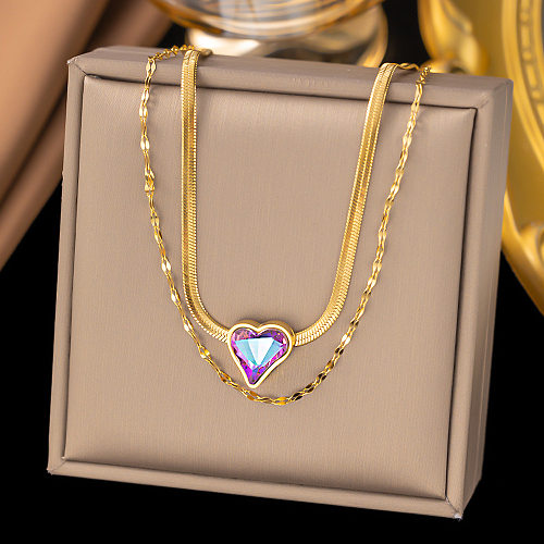 Simple Style Heart Shape Stainless Steel Plating Inlay Artificial Gemstones 18K Gold Plated Double Layer Necklaces