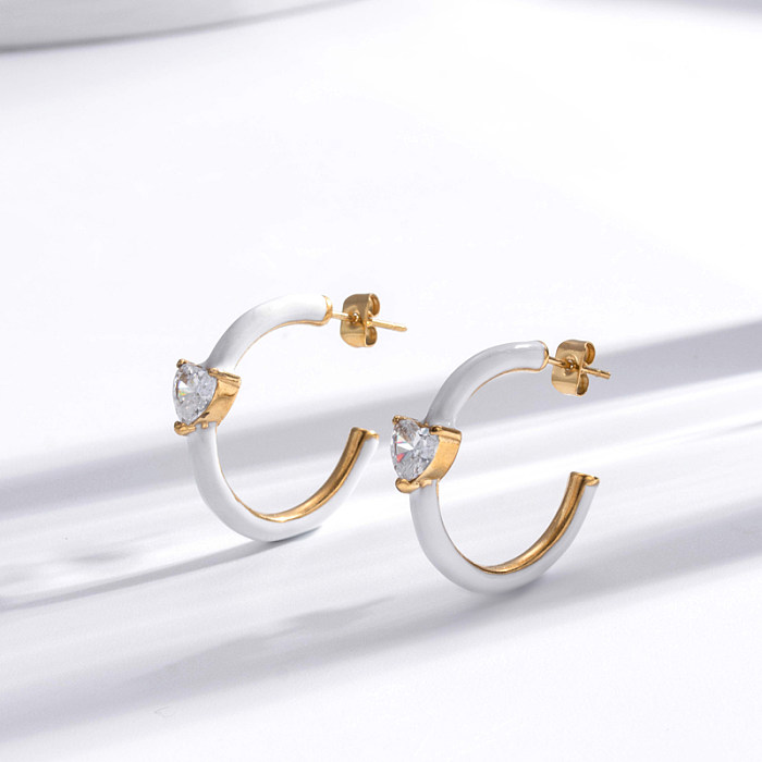 1 Pair French Style Simple Style Korean Style C Shape Heart Shape Rhombus Plating Inlay Stainless Steel  Zircon 18K Gold Plated Drop Earrings