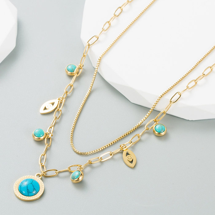 Fashion Devil'S Eye Stainless Steel Necklace Layered Plating Chain Turquoise Stainless Steel  Necklaces