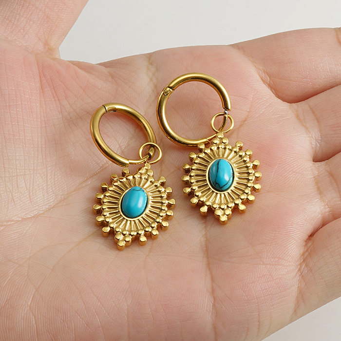 Boucles d'oreilles pendantes ovales rétro en acier inoxydable avec incrustation turquoise, 1 paire