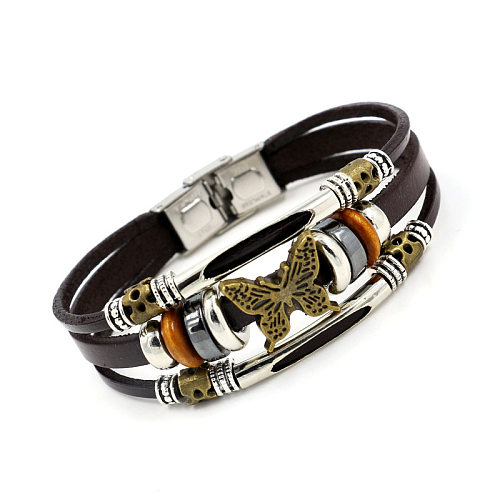 Bracelets faits à la main en cuir d'alliage d'acier inoxydable de papillon de style ethnique rétro
