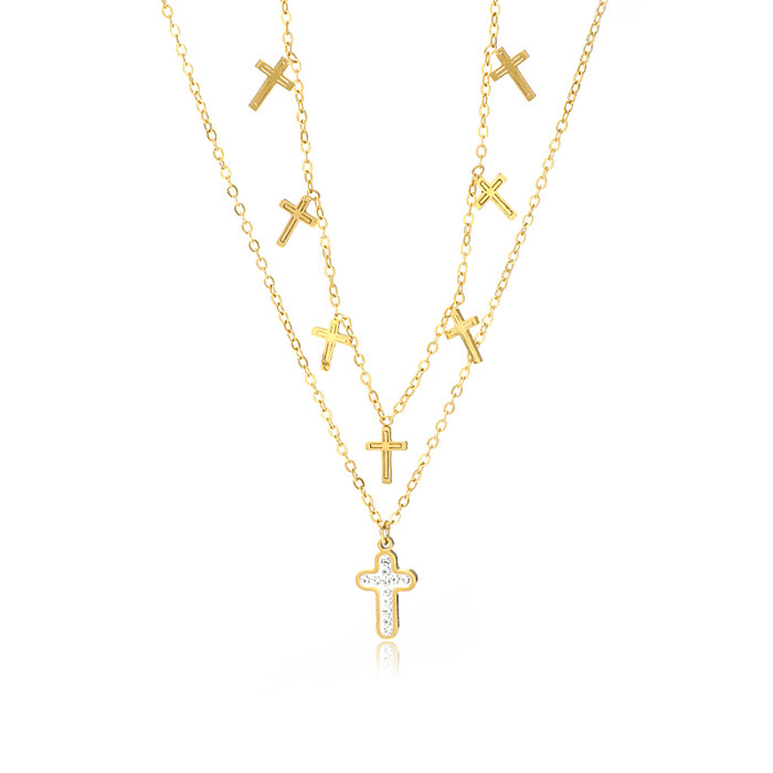 Hip-Hop Cool Style Cross Stainless Steel  Plating Inlay Rhinestones 18K Gold Plated Double Layer Necklaces