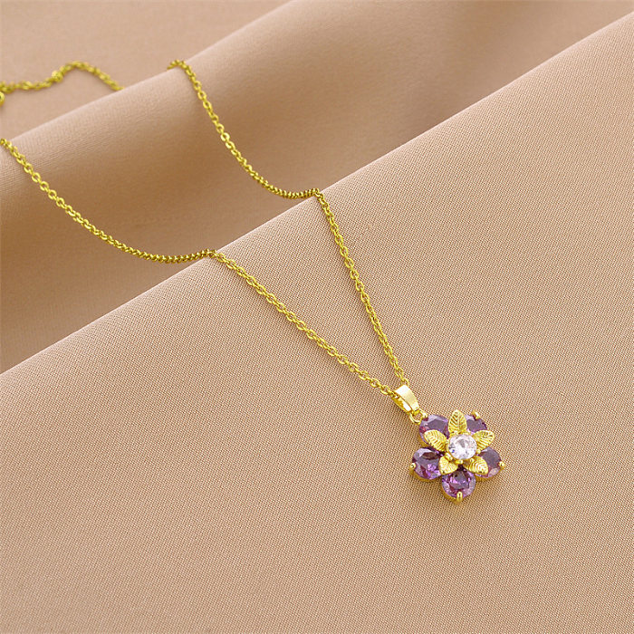 Fashion Flower Stainless Steel Inlay Zircon Pendant Necklace 1 Piece