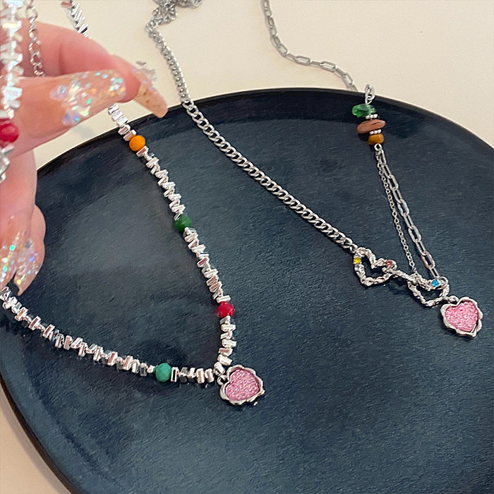Modern Style Heart Shape Stainless Steel Inlay Artificial Gemstones Pendant Necklace