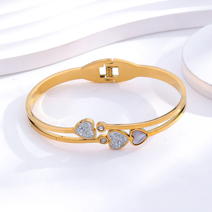 Romantic Simple Style Heart Shape Titanium Steel Plating Hollow Out Inlay Shell Zircon 24K Gold Plated Bangle