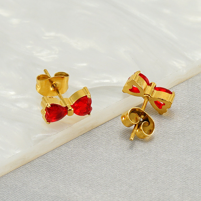1 Paar elegante, klassische Vintage-Stil-Ohrstecker mit Blumenschleife und Knotenplattierung, Edelstahl-Zirkon, 18 Karat vergoldet