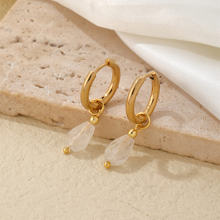1 Paar moderne, schlichte Ohrringe mit Wassertropfen-Beschichtung, Edelstahl, Naturstein, vergoldet