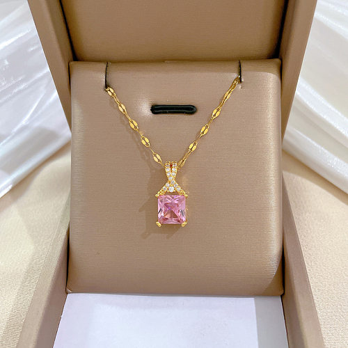 Romantic Solid Color Stainless Steel Copper Plating Inlay Artificial Gemstones Zircon Pendant Necklace