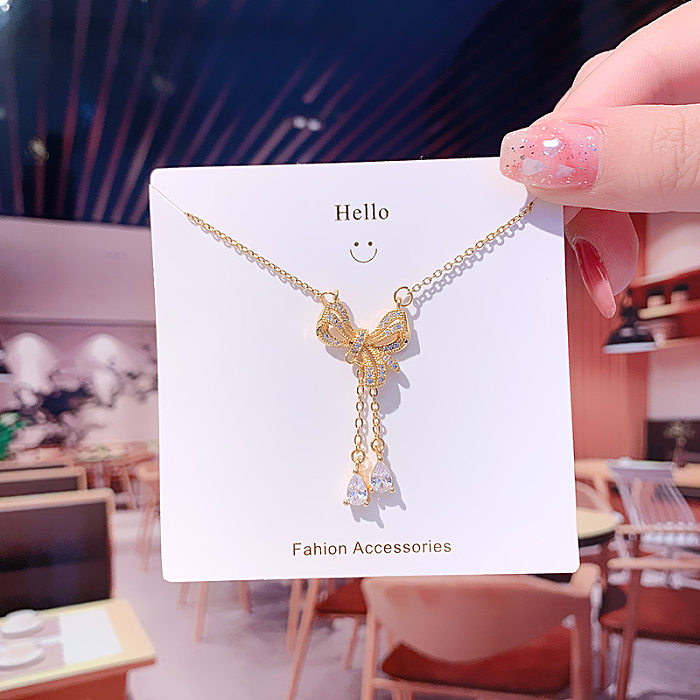 Fashion Bow Knot Stainless Steel Inlay Zircon Pendant Necklace 1 Piece