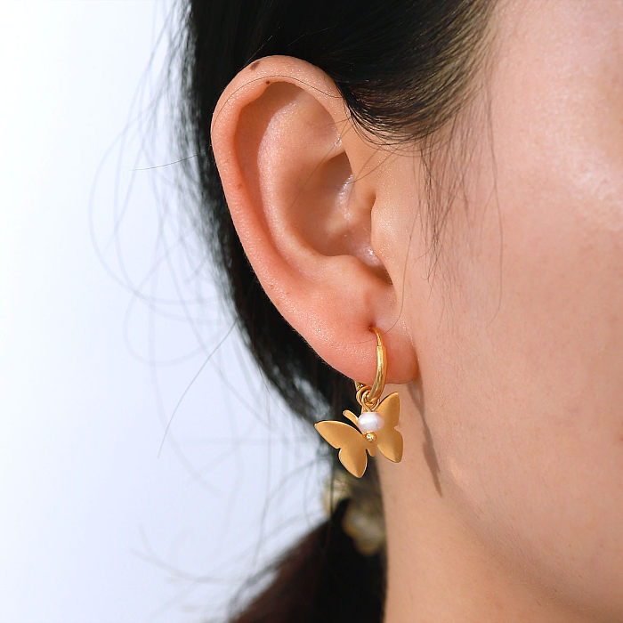 Neue Art 18K Gold überzogene glatte Schmetterlings-Perlen-Anhänger-Edelstahl-Ohrringe
