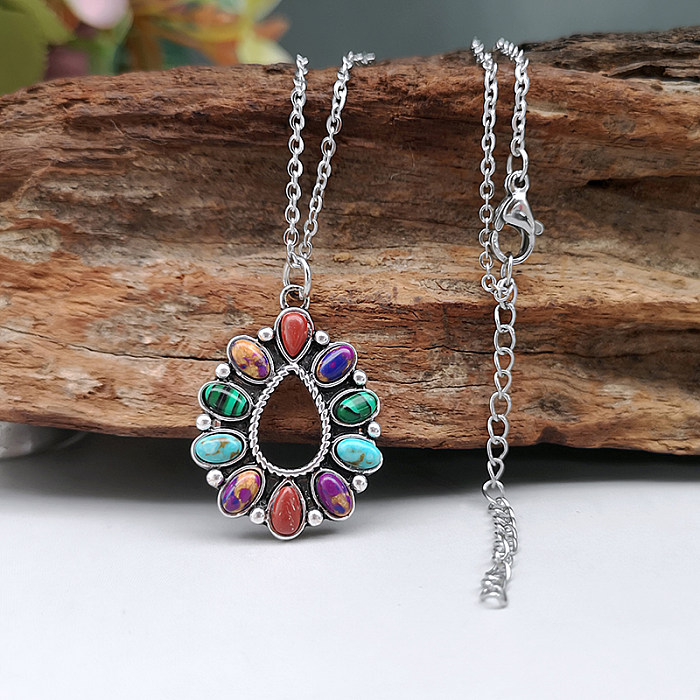 Vintage Style Bohemian Oval Stainless Steel  Alloy Plating Inlay Turquoise Silver Plated Pendant Necklace