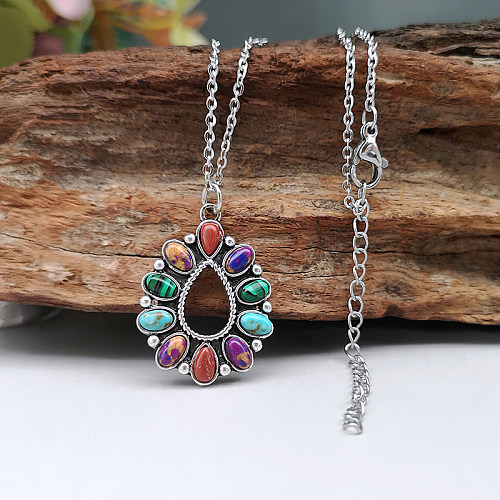 Vintage Style Bohemian Oval Stainless Steel  Alloy Plating Inlay Turquoise Silver Plated Pendant Necklace