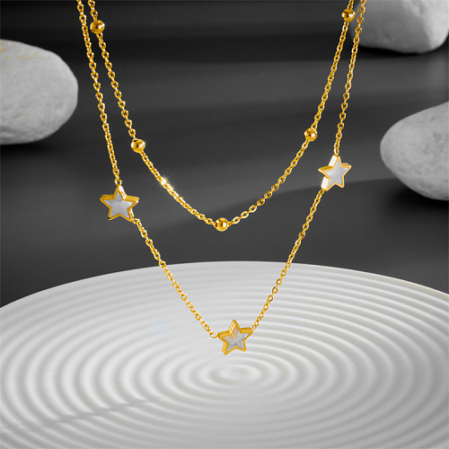 Estilo simples estrela chapeamento de aço inoxidável embutimento Shell 18K colares em camadas banhados a ouro