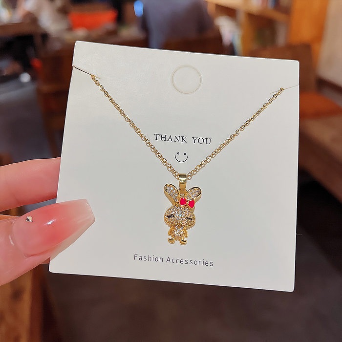 Cute Sweet Rabbit Stainless Steel Inlay Zircon Pendant Necklace