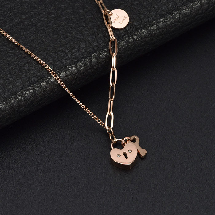 Sweet Streetwear Heart Shape Key Stainless Steel Pendant Necklace