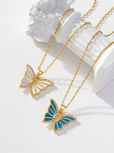 Casual Simple Style Butterfly Stainless Steel Copper Enamel Plating Inlay Zircon Pendant Necklace