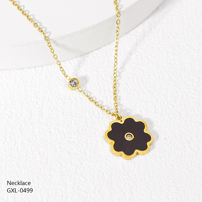 Casual Classic Style Flower Stainless Steel  Plating Inlay Rhinestones Shell Gold Plated Pendant Necklace