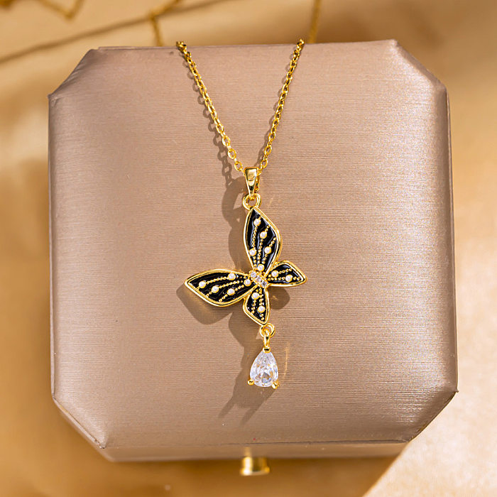 Simple Style Square Stainless Steel Inlay Zircon Gold Plated Pendant Necklace