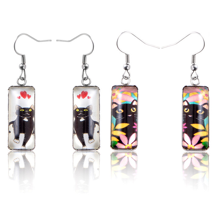 1 Paar Urlaubstier-Katze-Tropfenohrringe aus Edelstahl mit Inlay und Glas