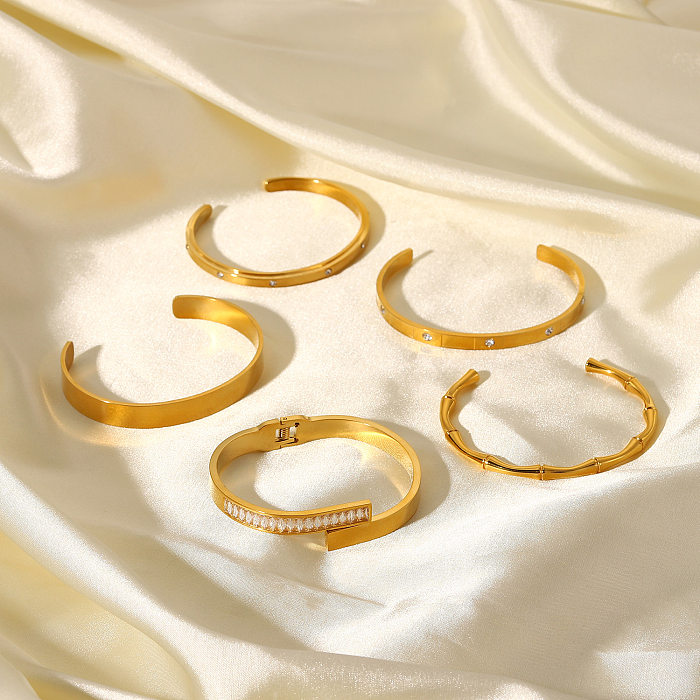 Inlaid Zircon Open Fashion Retro 18K Gold Plated Stainless Steel Bracelet Women