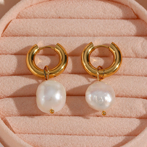 Elegante geometrische Edelstahl-Ohrringe, Patchwork-Inlay, künstliche Perlen, Edelstahl-Ohrringe