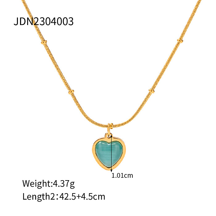 Collier pendentif élégant en forme de cœur ovale carré en acier inoxydable avec incrustation d'opale plaqué or 18 carats
