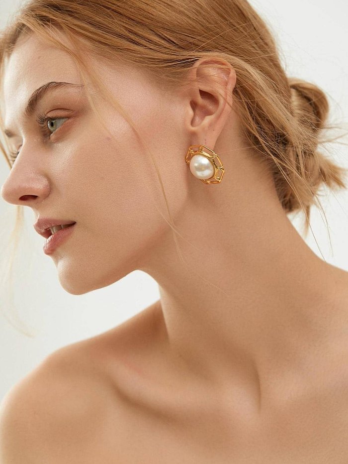 1 paire de clous d'oreilles plaqués or 18 carats, Style Simple, incrustation ronde en acier inoxydable, perles