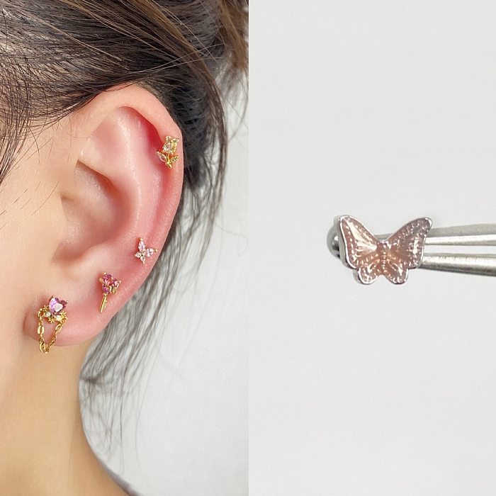 1 Piece Streetwear Heart Shape Wings Plating Inlay Stainless Steel  Copper Zircon Ear Studs