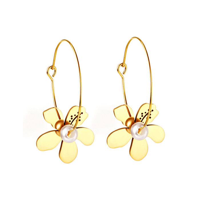 1 Paar elegante Pendelblatt-Blumen-Inlay-Ohrringe aus Edelstahl mit Imitationsperle und Zirkon