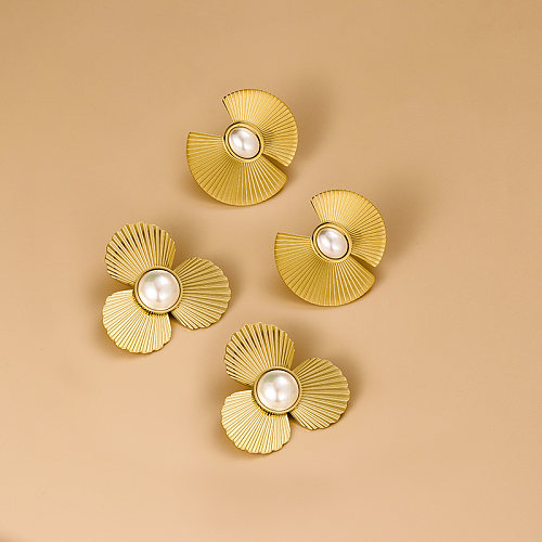 Retro-Jakobsmuschel-Blume, Edelstahl, asymmetrische künstliche Perlen-Ohrstecker, 1 Paar