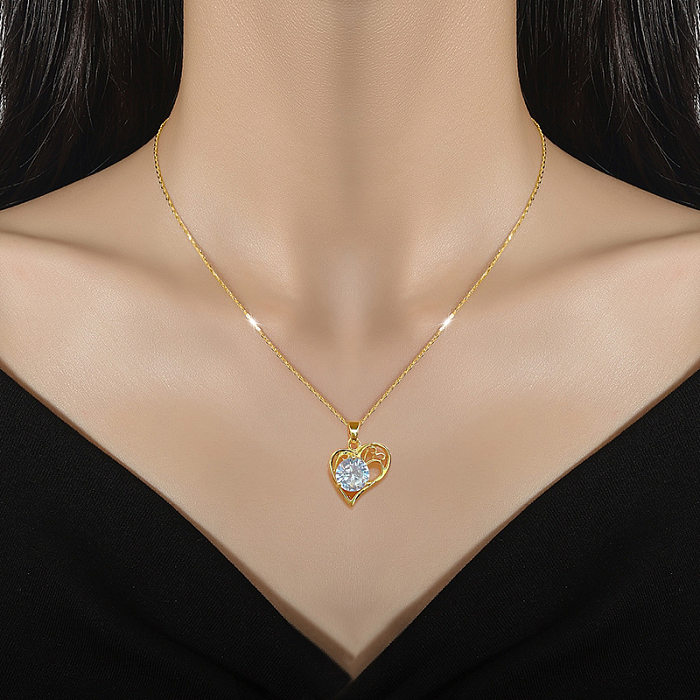 Sweet Heart Shape Stainless Steel  Copper Plating Inlay Zircon Gold Plated Pendant Necklace