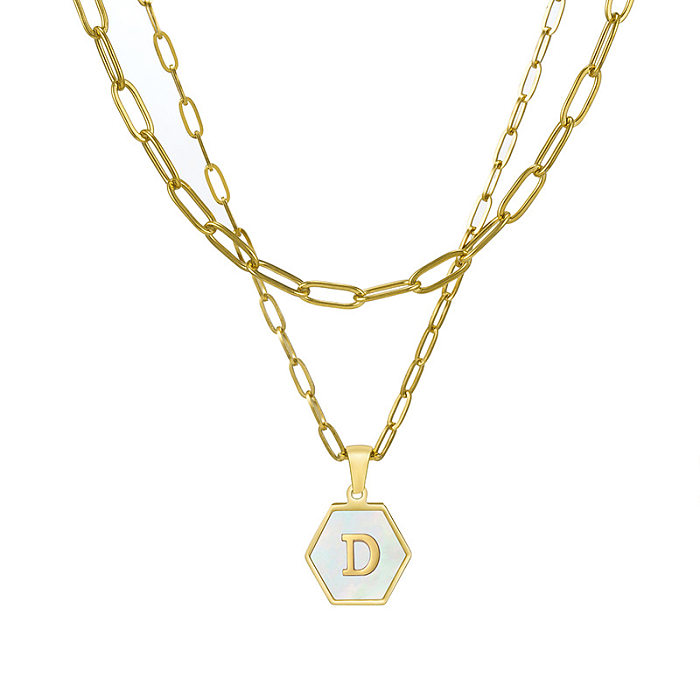Modische, sechseckige Buchstaben-Halsketten aus Edelstahl mit vergoldeten Muschel-Edelstahl-Halsketten
