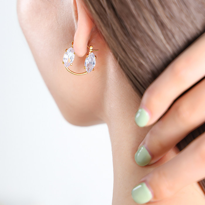 1 paire de boucles d'oreilles élégantes en forme de cercle brillant, incrustation de pierre de verre en acier inoxydable plaqué or 18 carats