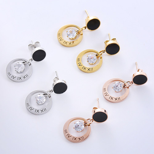 1 Pair Commute Shiny Circle Roman Numeral Plating Inlay Stainless Steel  Zircon 18K Gold Plated Rose Gold Plated Drop Earrings