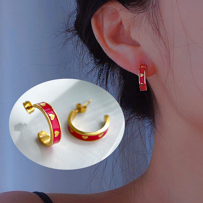 1 Pair Fashion Heart Shape Stainless Steel Enamel Earrings
