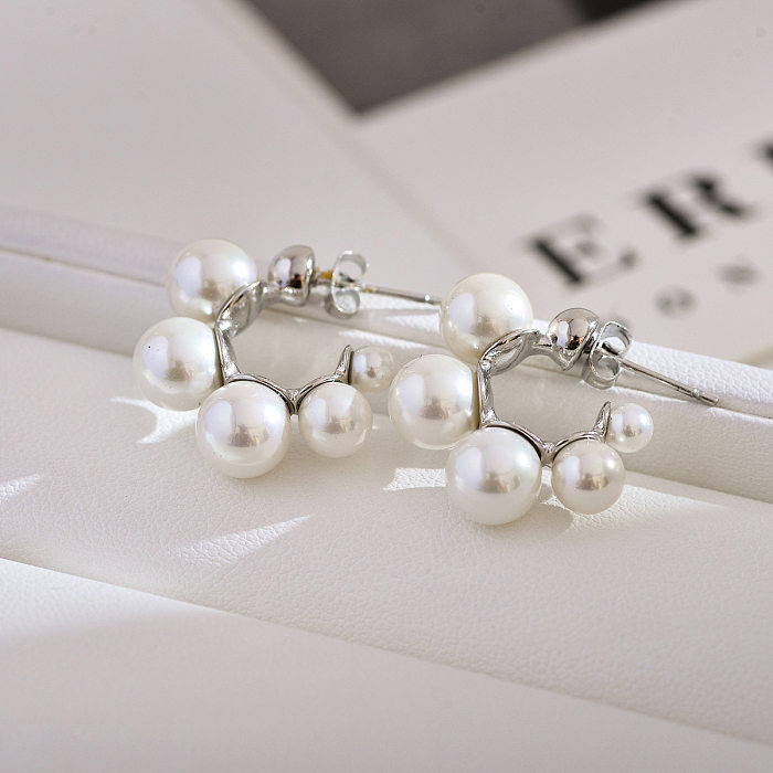 1 par de pendientes de perlas artificiales de acero inoxidable con incrustaciones redondas elegantes y lujosos