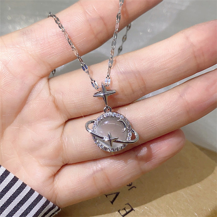 Fashion Cross Moon Stainless Steel Inlay Opal Pendant Necklace 1 Piece
