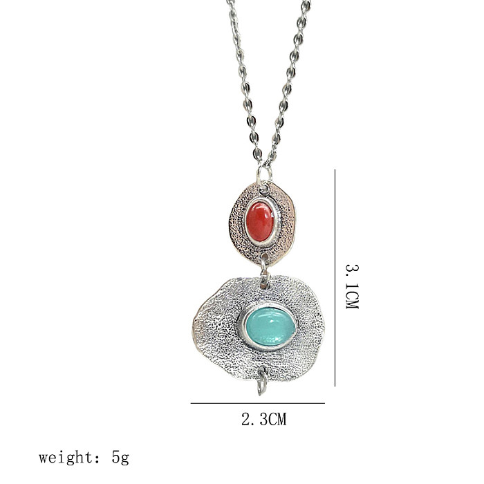 Retro Bohemian Oval Stainless Steel  Alloy Plating Inlay Artificial Gemstones Silver Plated Pendant Necklace