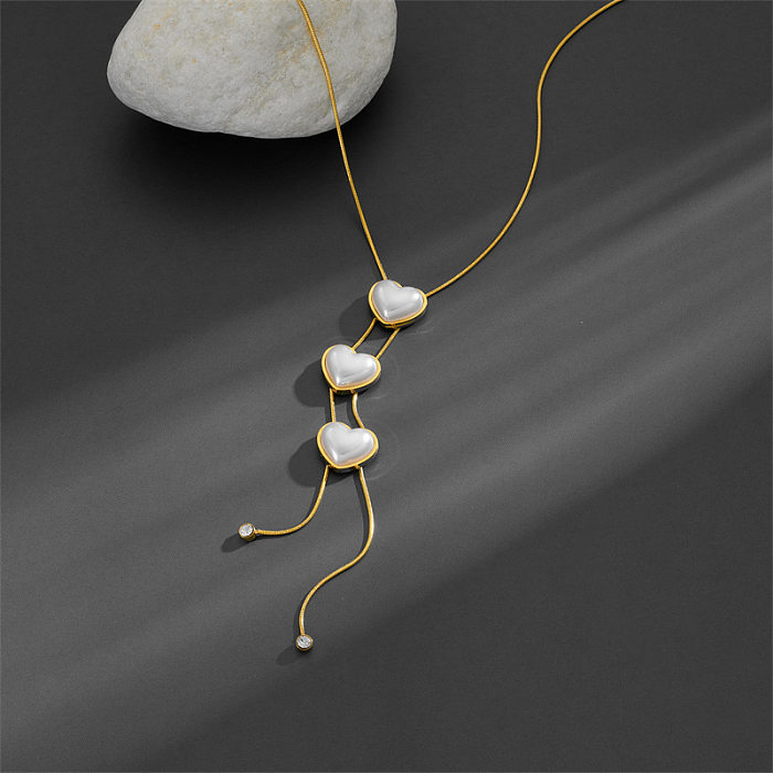 Sweet Simple Style Heart Shape Stainless Steel Tassel Plating Inlay Pearl Zircon Pendant Necklace