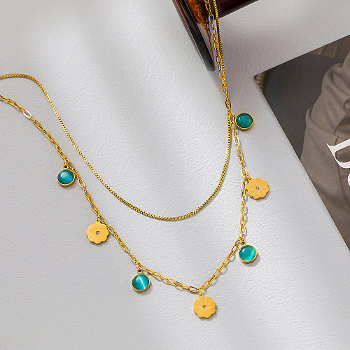 Simple Style Commute Round Flower Stainless Steel Plating Inlay Turquoise Opal Zircon Layered Necklaces