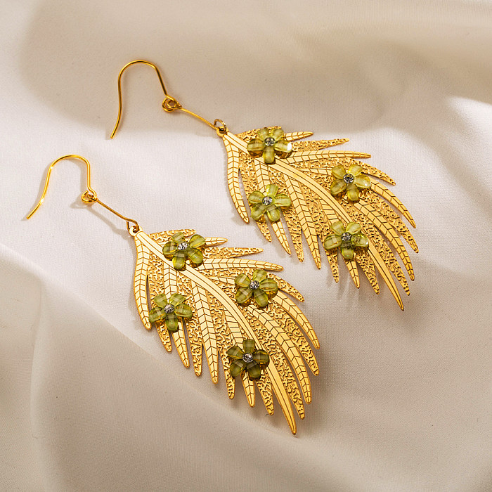 1 Piece Exaggerated Leaves Flower Stainless Steel  Inlay Acrylic Rhinestones Gold Plated Drop Earrings