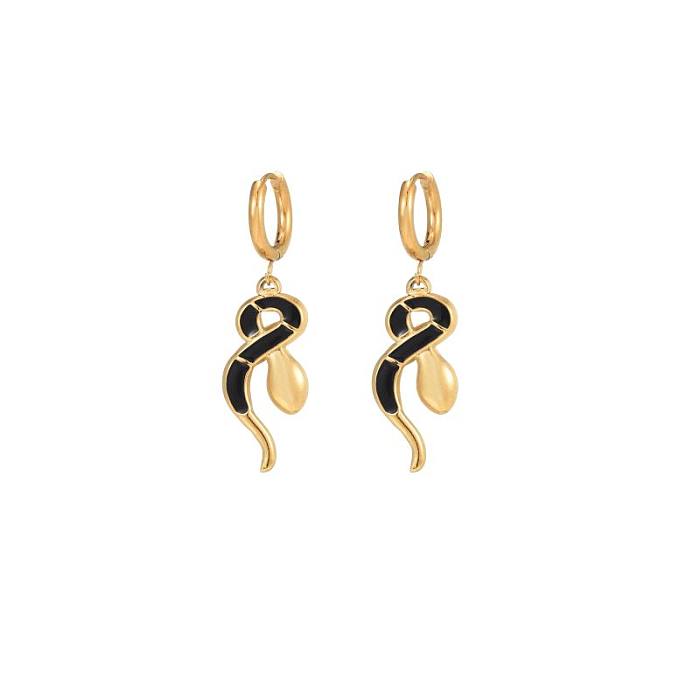 1 paire de boucles d'oreilles pendantes en acier inoxydable et Zircon plaqué or 18 carats avec incrustation d'émail Queen Snake