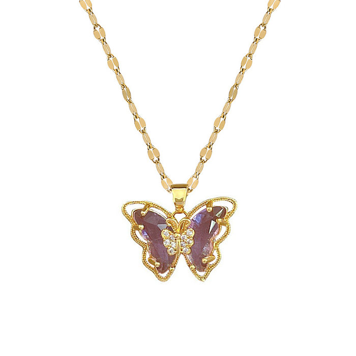 Modern Style Butterfly Stainless Steel  Copper Inlay Zircon Pendant Necklace