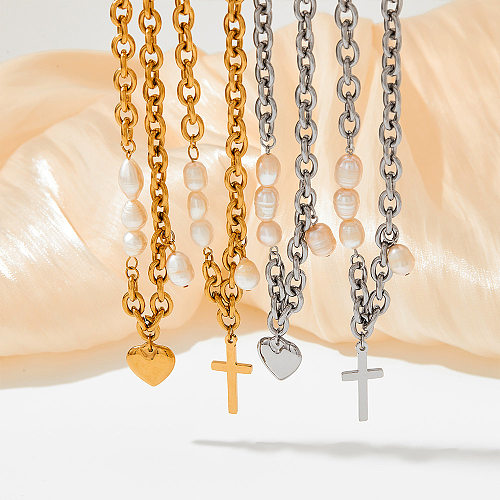 Barock-Stil, Kreuz, Herzform, Edelstahl, Perlenkette, 1 Stück