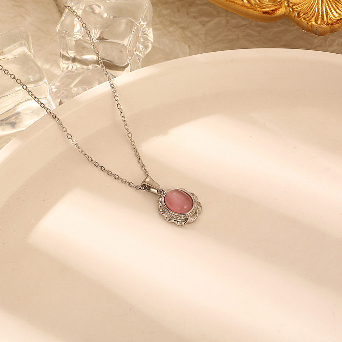 Casual Simple Style Oval Stainless Steel Inlay Opal Pendant Necklace