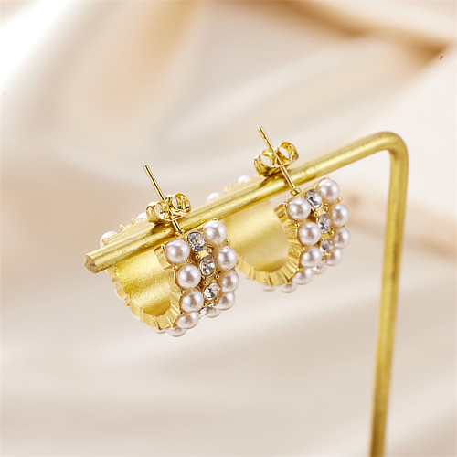 1 paire de boucles d'oreilles plaquées or 18 carats, Style IG Simple, incrustation ronde en acier inoxydable, perles artificielles