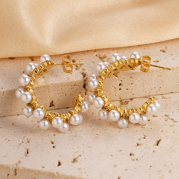 1 Paar Urlaubs-Ohrringe im modernen Stil, C-Form, quadratische Beschichtung, Inlay aus Edelstahl, künstliche Perlen, vergoldet