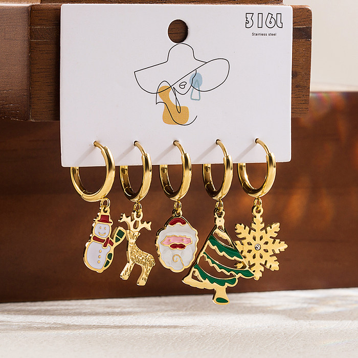 1 Set Cute Classic Style Christmas Tree Santa Claus Snowman Enamel Plating Stainless Steel  14K Gold Plated Drop Earrings